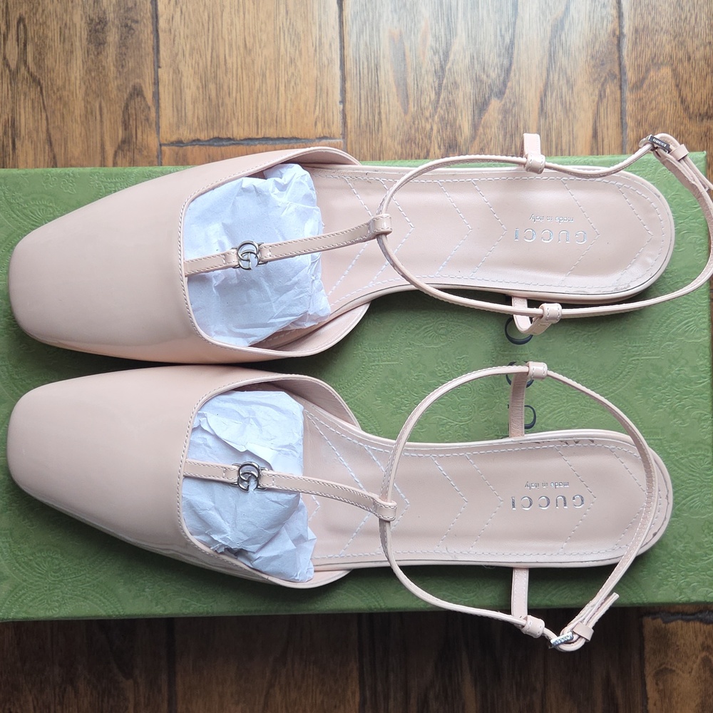 Gucci Double GG T Strap Patent Leather Ballet Flat Skin Rose Size 41
